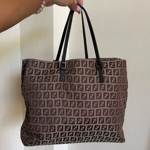 Fendi Zucchino Brown FF Fabric Canvas Tote Bag Purse